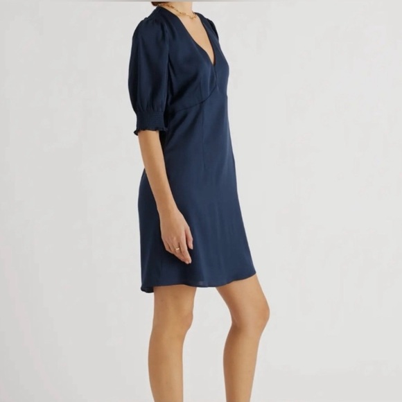 Quince Navy Blue V-Neck Puff Sleeve Mini Dress - Picture 2 of 7